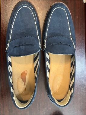 Sperry Navy Suede Penny Loafers with Contrast Stitch